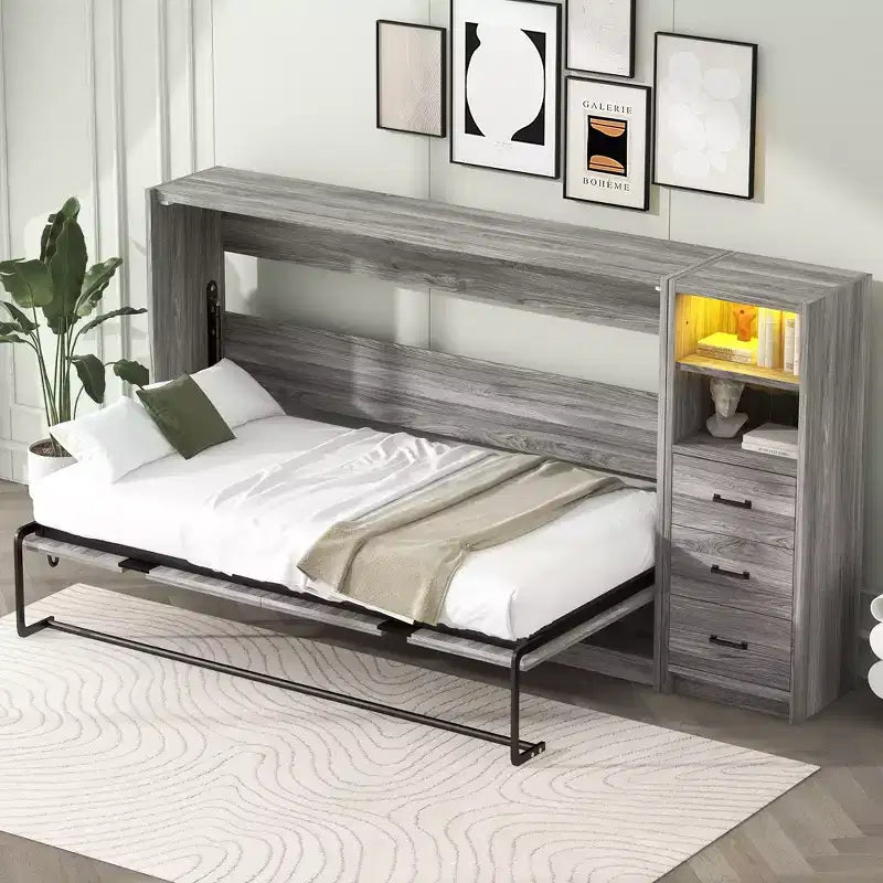 Lit escamotable GDFStudio Bennett en métal et bois, replié dans une armoire