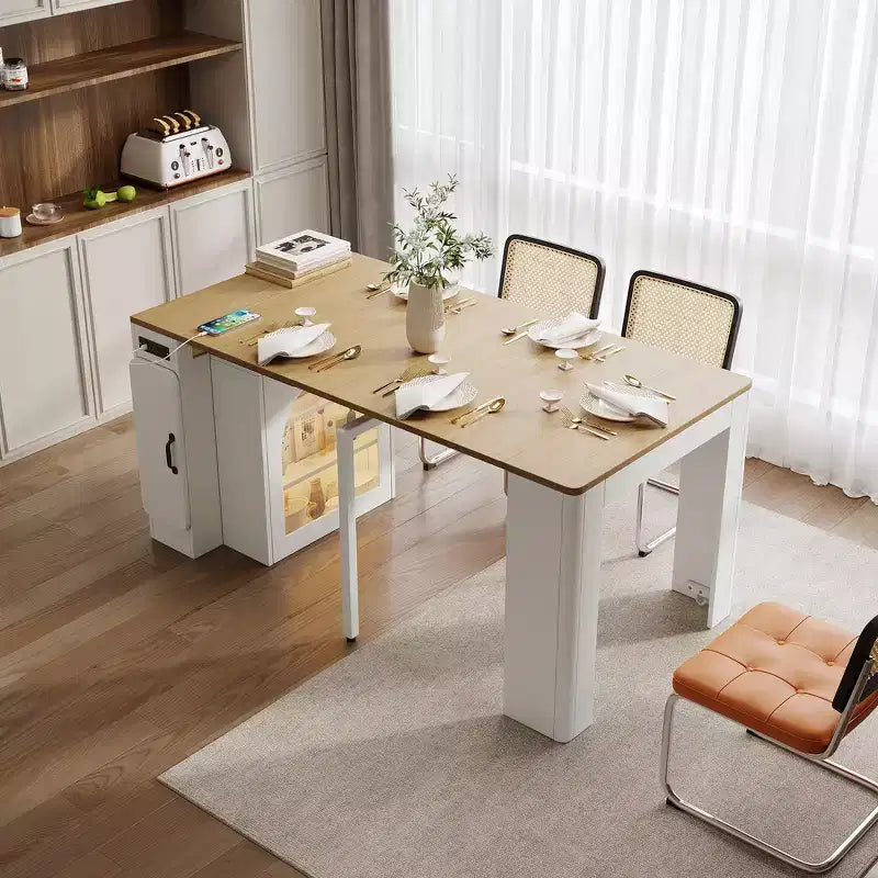 Table à manger extensible Whisen, table îlot mobile roulante avec 3 rallonges amovibles, meuble de rangement