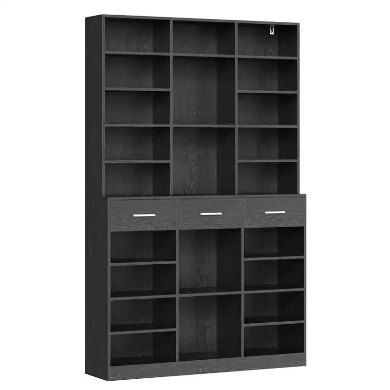 Bibliothèque 9 niveaux noir/blanc avec 3 tiroirs, étagères réglables
