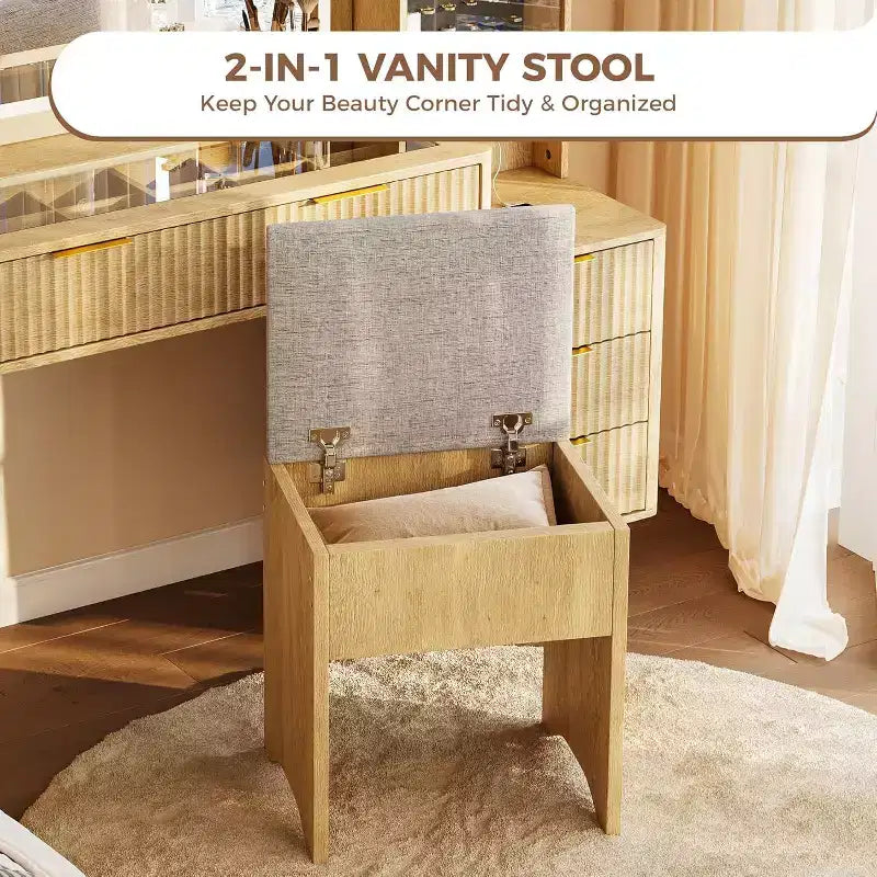Coiffeuse cannelée de 122 cm avec miroir et lumières LED, station de charge, tabouret de rangement rembourré pour chambre à coucher