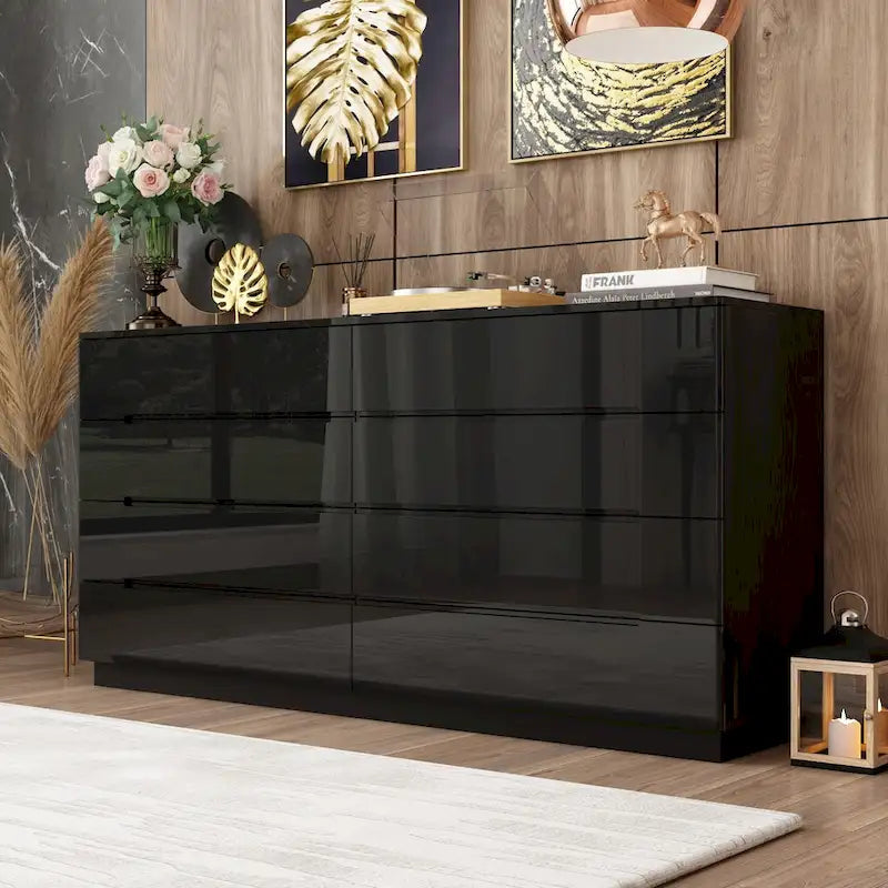 Commode haute brillance 63 po avec 8 tiroirs lumineux et plateau spacieux