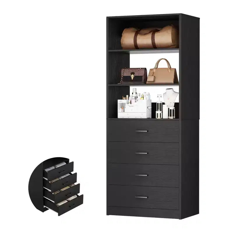 Système de rangement de placard avec tiroirs et étagères en bois
