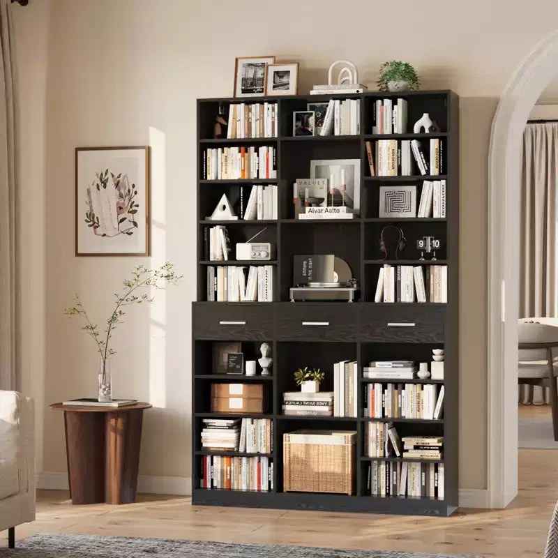 Bibliothèque 9 niveaux noir/blanc avec 3 tiroirs, étagères réglables