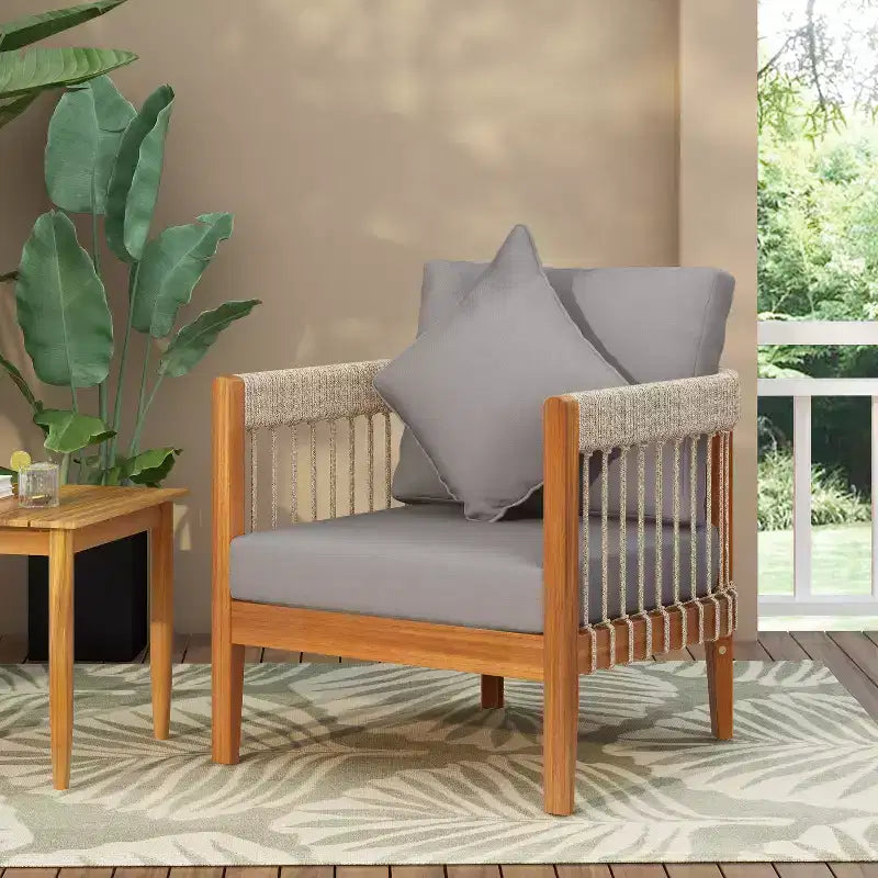 Christopher Knight Home Fauteuil club de patio Clifton en acacia rustique et corde, rembourré avec dossier incurvé