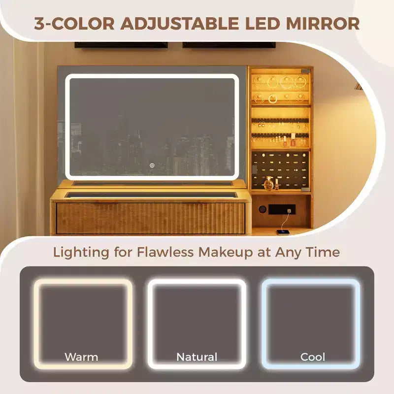 Coiffeuse cannelée de 122 cm avec miroir et lumières LED, station de charge, tabouret de rangement rembourré pour chambre à coucher