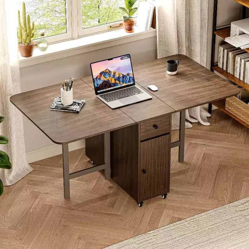 Table de salle à manger pliable ATJafurn 59 avec rabats pour petits espaces, table de cuisine rectangulaire en bois extensible avec roulettes et rangement