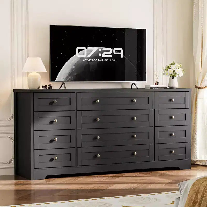 Commode 12 tiroirs en bois pour chambre à coucher, meuble TV large et moderne pour téléviseur 65 pouces, commode en bois, rangement de vêtements style ferme pour salon