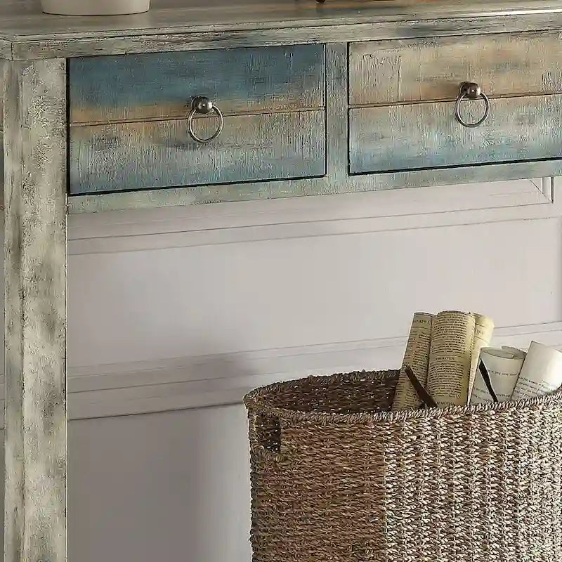 Console à 3 tiroirs gris antique et sarcelle