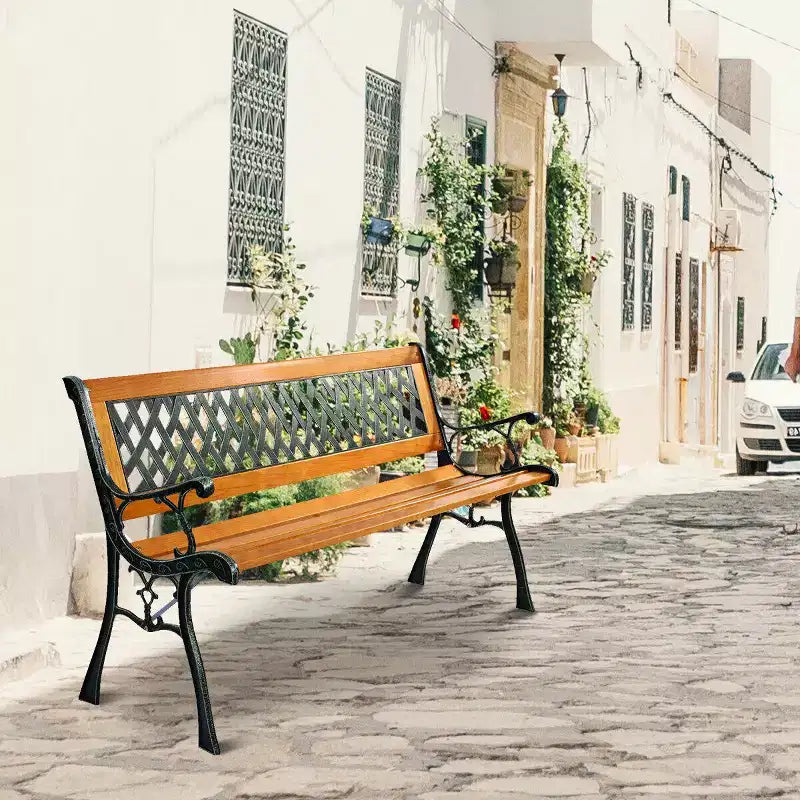 Banc de jardin Costway 126 cm pour patio, parc, porche, allée, terrasse, en fonte et bois dur