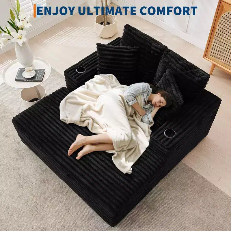 Canapé 3 places en velours côtelé avec porte-gobelets et ports de charge
