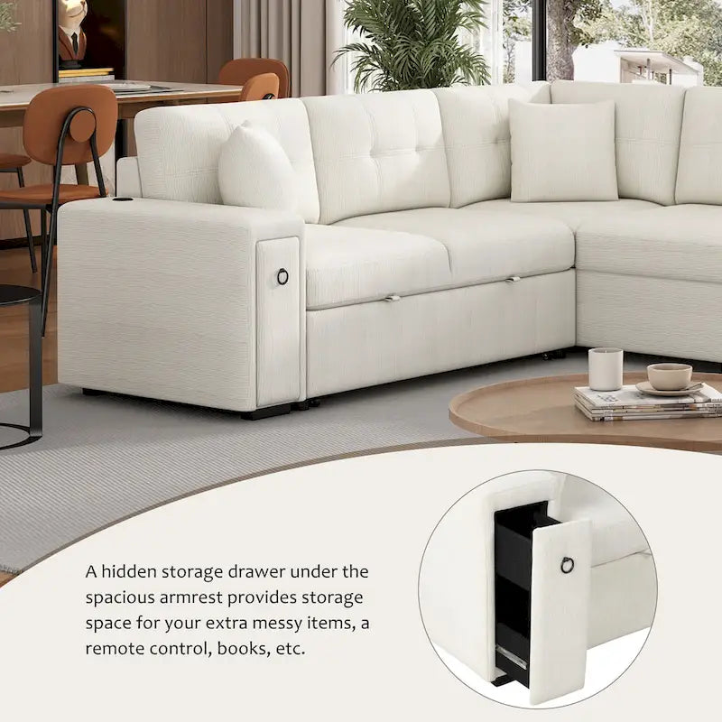 Canapé d'angle 4 places avec lit gigogne, pouf, ports USB et tablette rabattable
