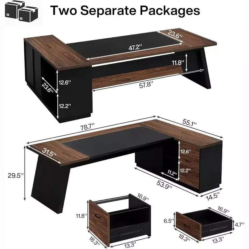 Bureau de direction en L Lantine Modern 78 avec tiroirs et classeur latéral