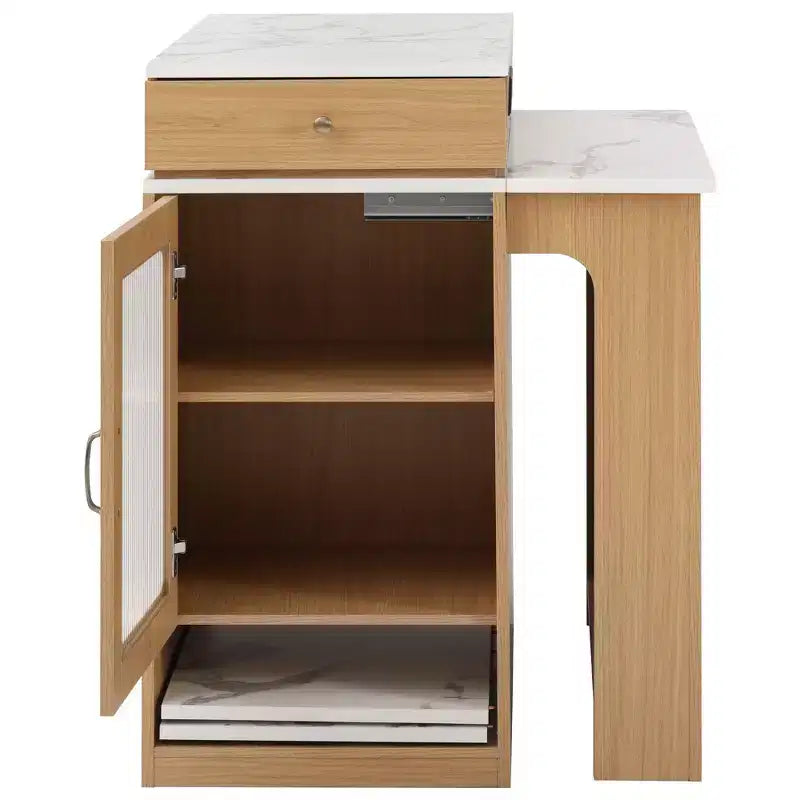 Îlot de cuisine de 59,5 po avec table à manger extensible, rangement double face et prise électrique, naturel
