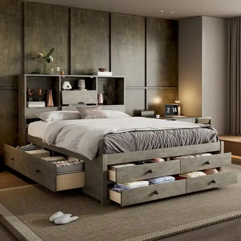 Lit moderne queen size gris en bois avec tête de lit de rangement et 8 tiroirs