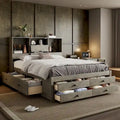 Lit moderne queen size gris en bois avec tête de lit de rangement et 8 tiroirs