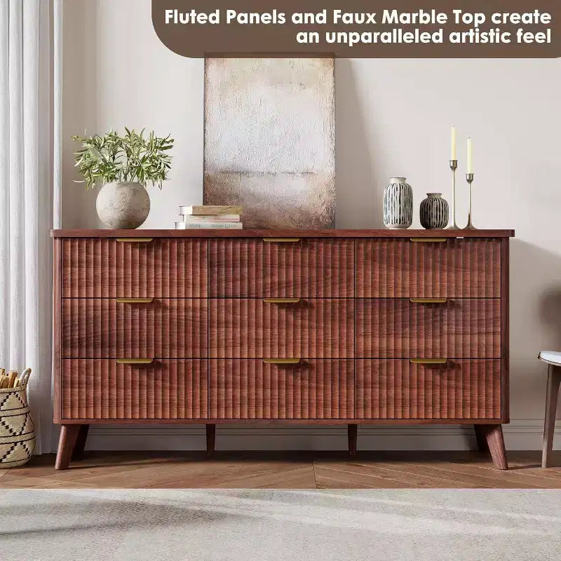 Commode cannelée à 9 tiroirs, 154 cm de large, en bois, avec rangement profond, pour chambre à coucher, salon ou couloir
