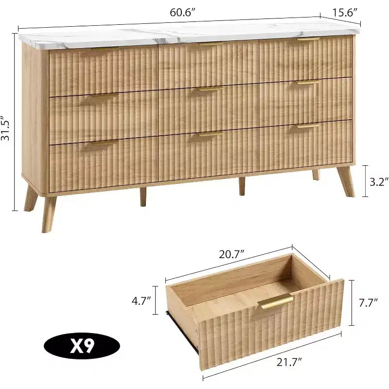 Commode cannelée à 9 tiroirs, 154 cm de large, en bois, avec rangement profond, pour chambre à coucher, salon ou couloir