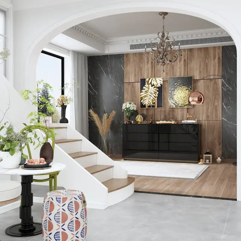 Commode haute brillance 63 po avec 8 tiroirs lumineux et plateau spacieux
