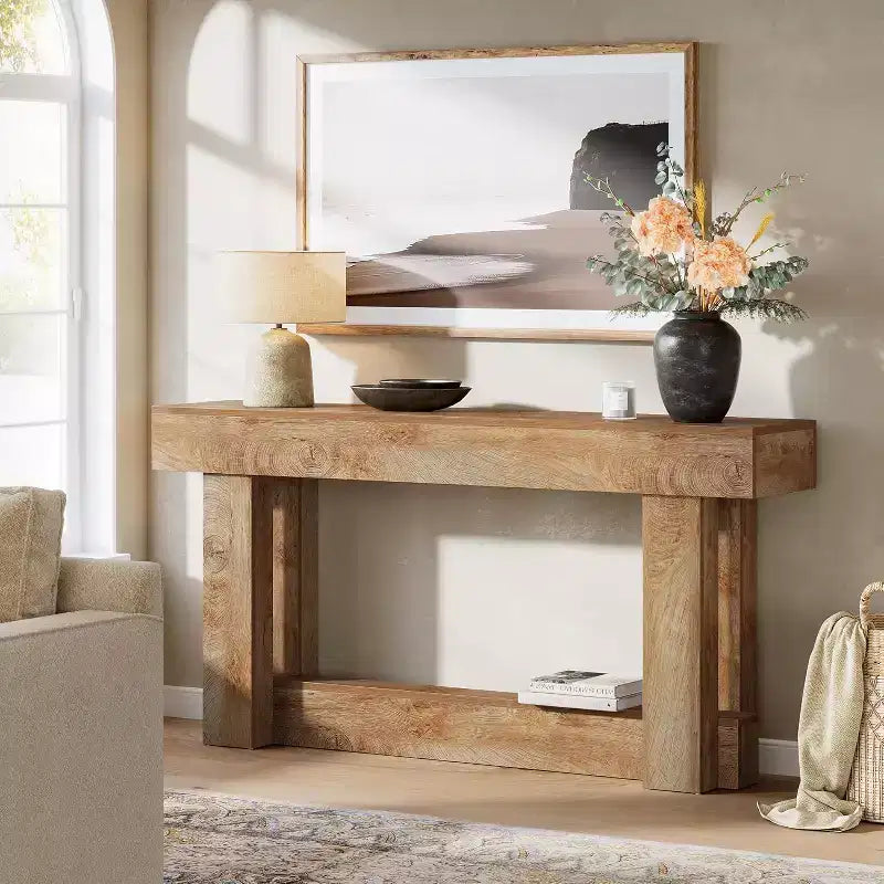 Console en bois de 62,99 po, table d'entrée de ferme étroite et longue à 2 niveaux