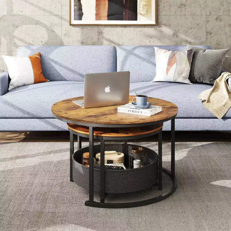 GALAXHERO Lot de 2 tables basses rondes gigognes - Tables d'appoint de 80 cm avec rangement et cadre métallique pour salon/appartement
