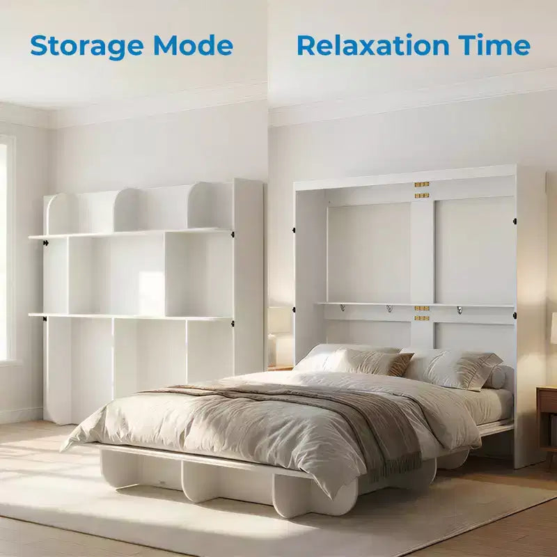 Lit escamotable 2-en-1 invisible Murphy avec étagères de rangement, Grand lit (Queen), Bois naturel (Matelas non inclus)