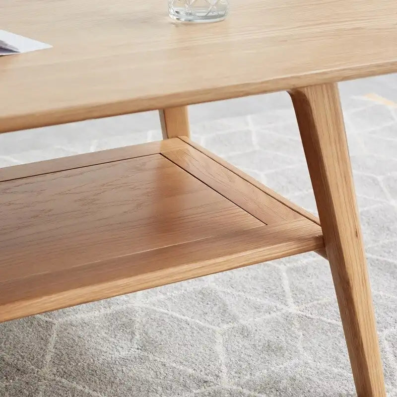 Table basse Grondin Nordic en bois massif naturel à 2 niveaux avec étagère, Table basse d'appoint rectangulaire