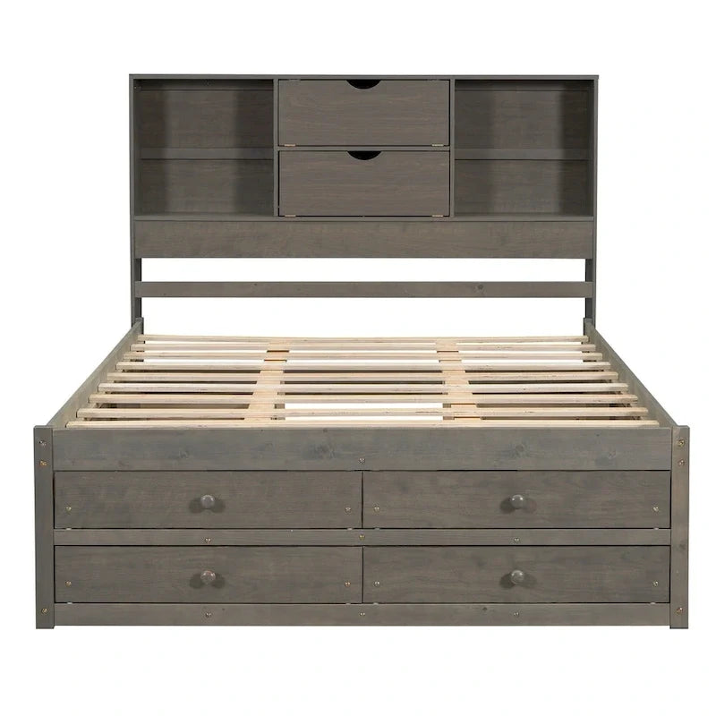 Lit moderne queen size gris en bois avec tête de lit de rangement et 8 tiroirs