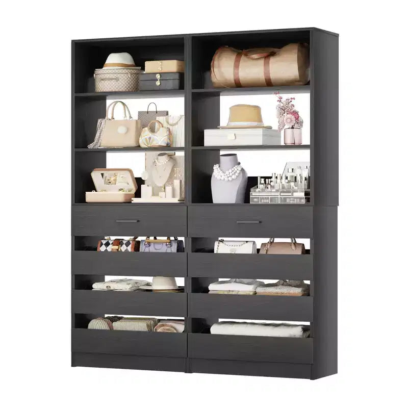 Système de rangement de placard avec tiroirs et étagères en bois