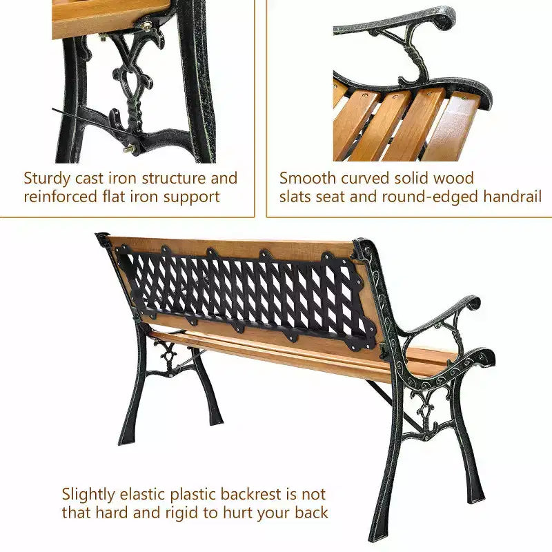 Banc de jardin Costway 126 cm pour patio, parc, porche, allée, terrasse, en fonte et bois dur
