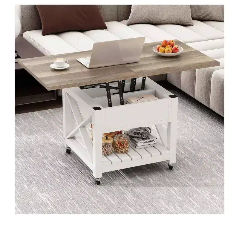 Table basse carrée à plateau relevable 3-en-1 avec tabourets à roulettes, table à manger multifonction à 2 niveaux avec rangements ouverts et dissimulés, pour salon et salle à manger