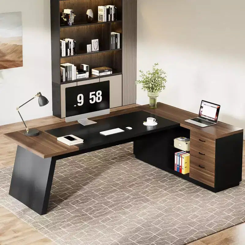 Bureau de direction en L Lantine Modern 78 avec tiroirs et classeur latéral
