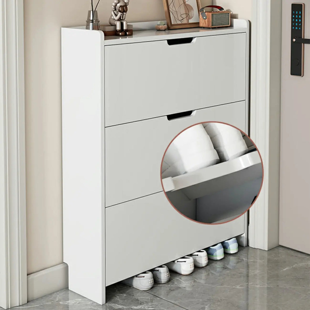 Meuble à chaussures 3 niveaux en bois blanc avec portes abattantes