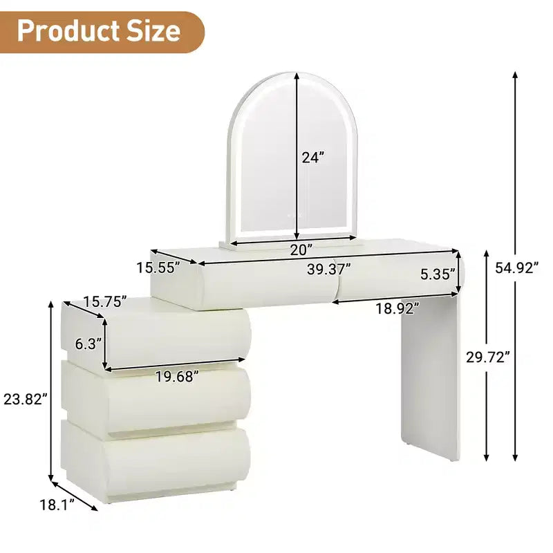 Table de maquillage moderne en cuir avec miroir éclairé par LED et 5 tiroirs