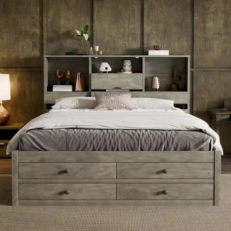 Lit moderne queen size gris en bois avec tête de lit de rangement et 8 tiroirs
