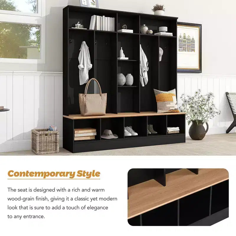 Meuble d'entrée large CLIHOME avec banc de rangement, armoire à chaussures minimaliste avec cubes de rangement et étagères