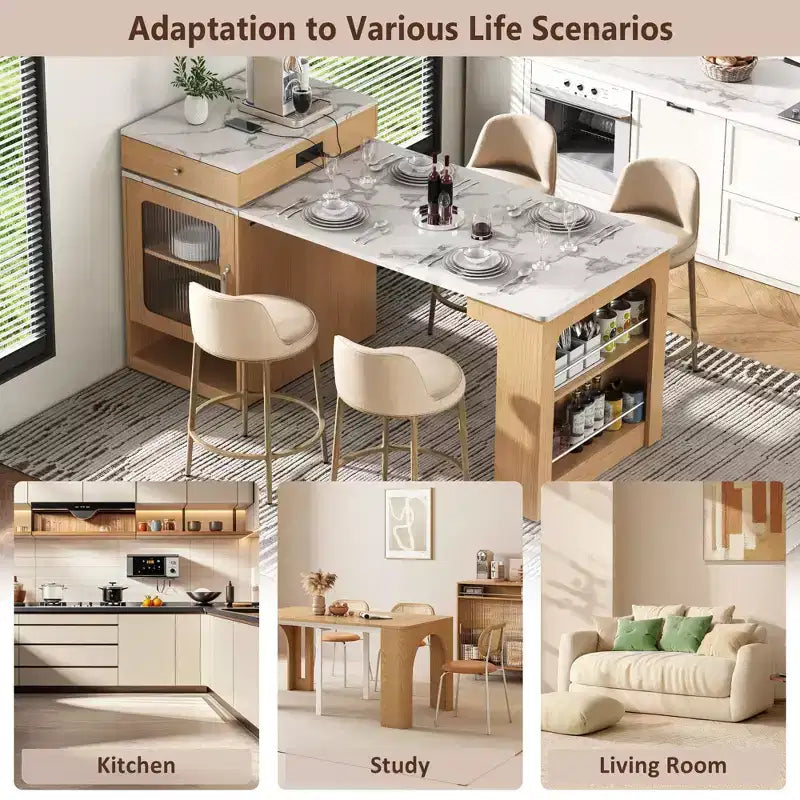Îlot de cuisine de 59,5 po avec table à manger extensible, rangement double face et prise électrique, naturel