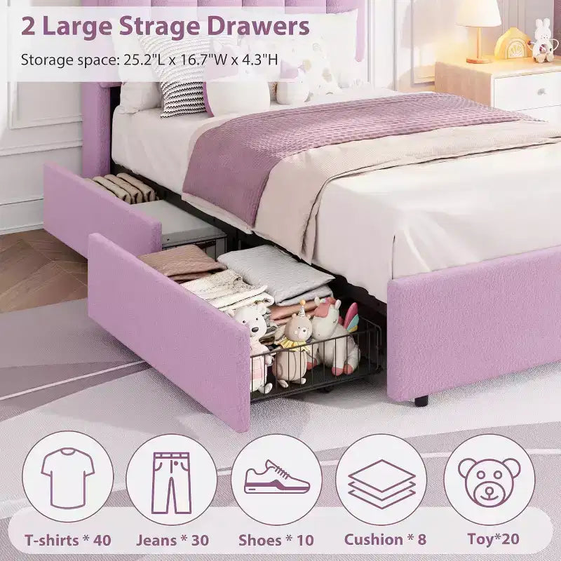 Cadre de lit avec tête de lit de rangement, cadre de lit pour enfant avec 2 tiroirs, lit plateforme capitonné en tissu, tête de lit profilée avec bibliothèque