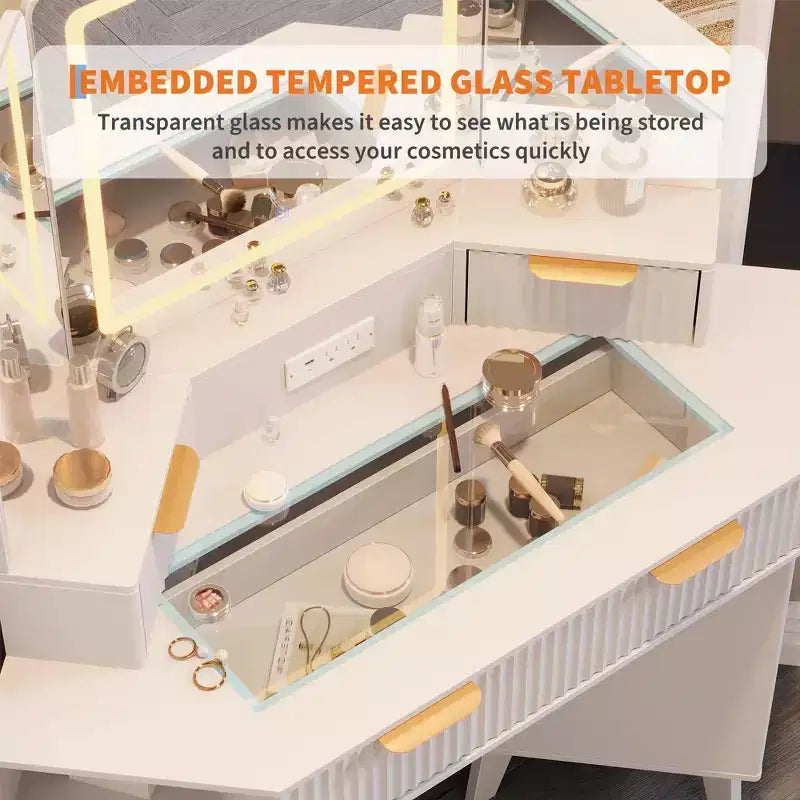 Coiffeuse d'angle 47 po avec miroir et lumière, table de maquillage en bois avec plateau en verre et station de charge, coiffeuse pour chambre à coucher
