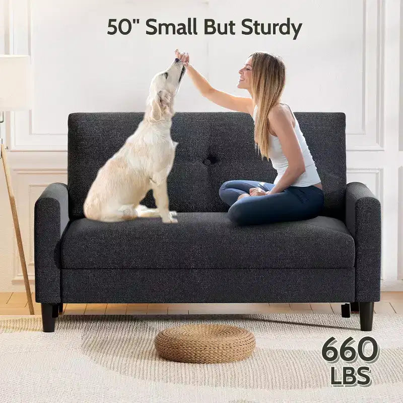 Dyonery 50, canapé Loveseat, 2 places pour bureau et petits espaces, assise profonde de 61 cm, cadre en bois massif certifié FSC, assemblage sans outils