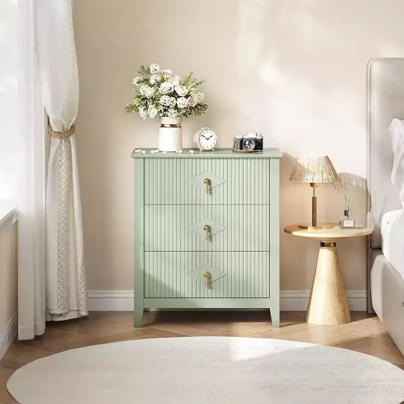 2 tables de chevet cannelées en bois, commode à 3 tiroirs de 69,85 cm de large, tables de nuit modernes, commode de chambre à coucher, salon
