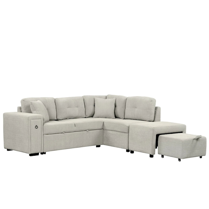 Canapé d'angle 4 places avec lit gigogne, pouf, ports USB et tablette rabattable