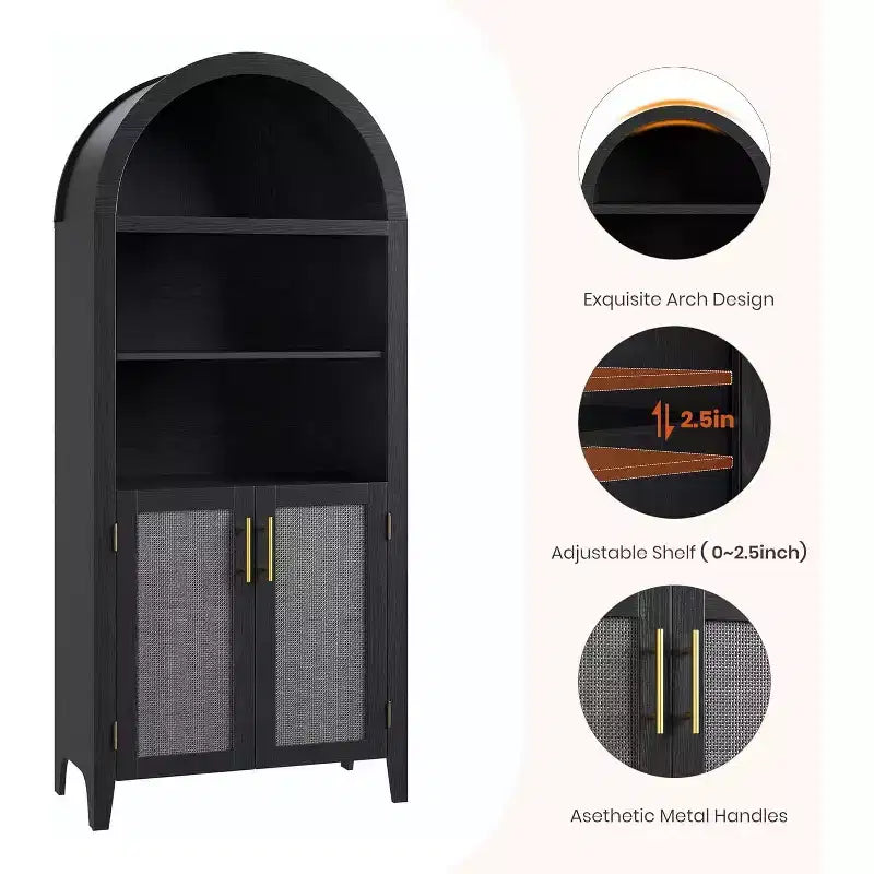 Acekool Armoire de cuisine bombée avec portes en rotin, meuble de rangement de ferme à 5 niveaux pour cuisine, salle à manger, salon