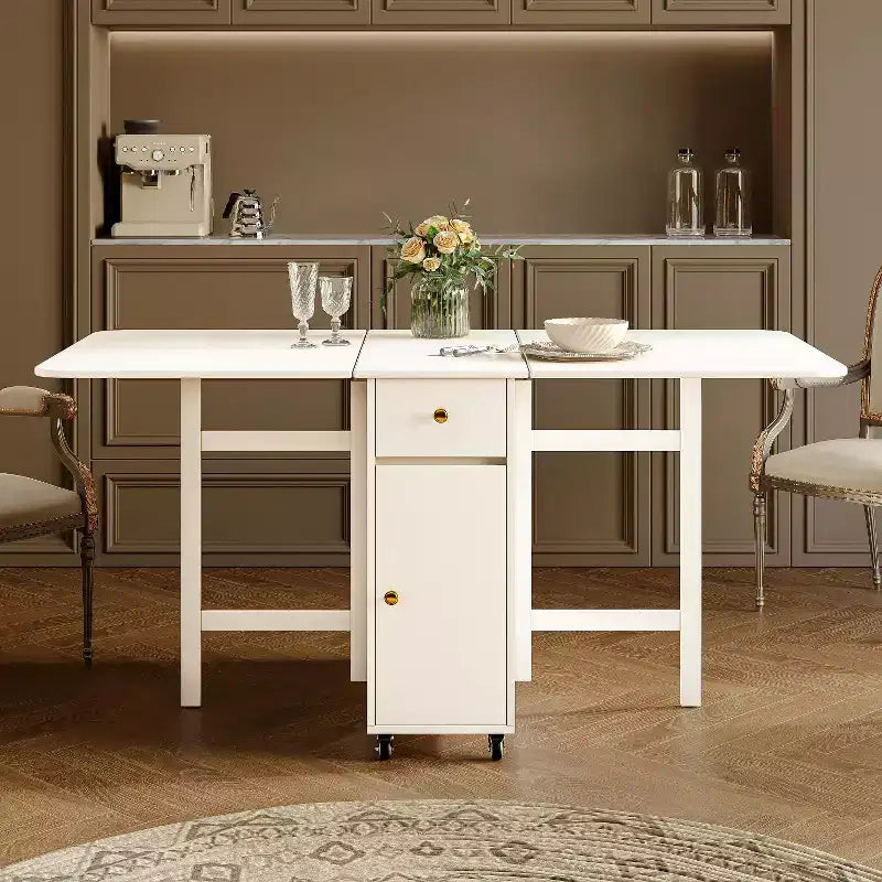 Table de salle à manger pliable ATJafurn 59 avec rabats pour petits espaces, table de cuisine rectangulaire en bois extensible avec roulettes et rangement