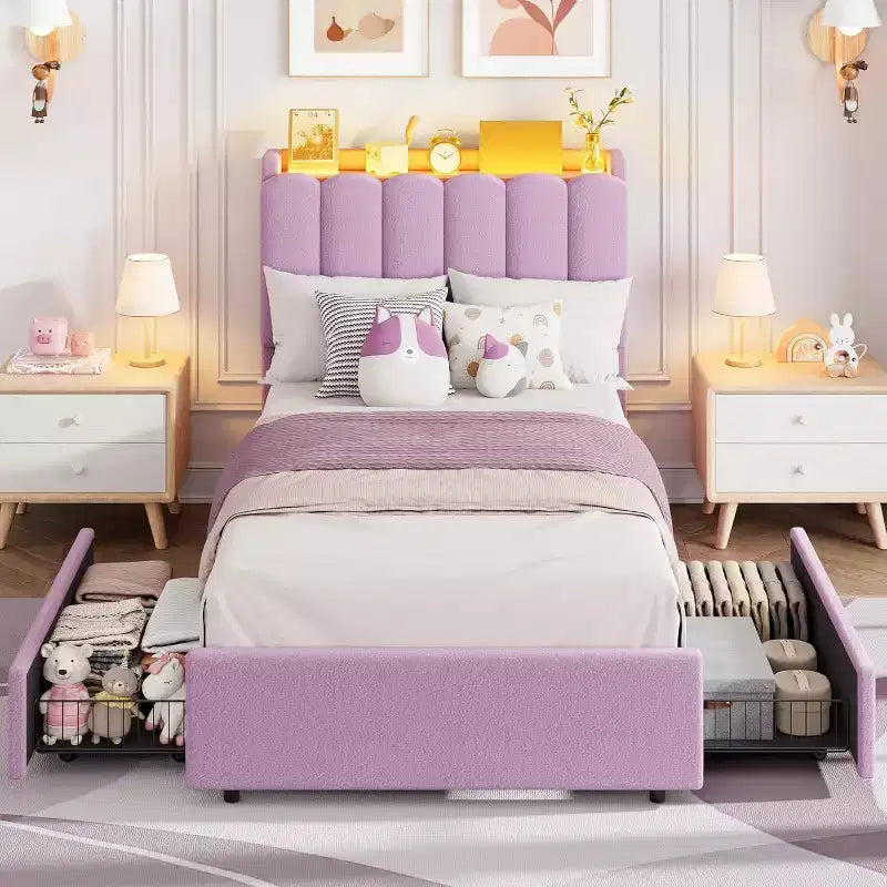 Cadre de lit avec tête de lit de rangement, cadre de lit pour enfant avec 2 tiroirs, lit plateforme capitonné en tissu, tête de lit profilée avec bibliothèque
