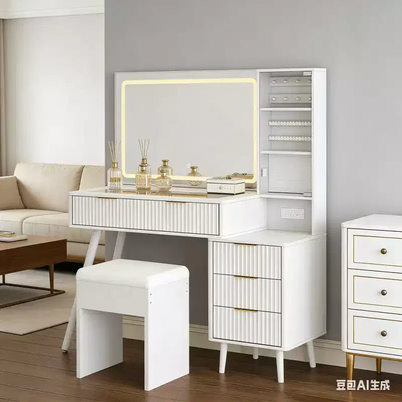 Coiffeuse cannelée de 122 cm avec miroir et lumières LED, station de charge, tabouret de rangement rembourré pour chambre à coucher