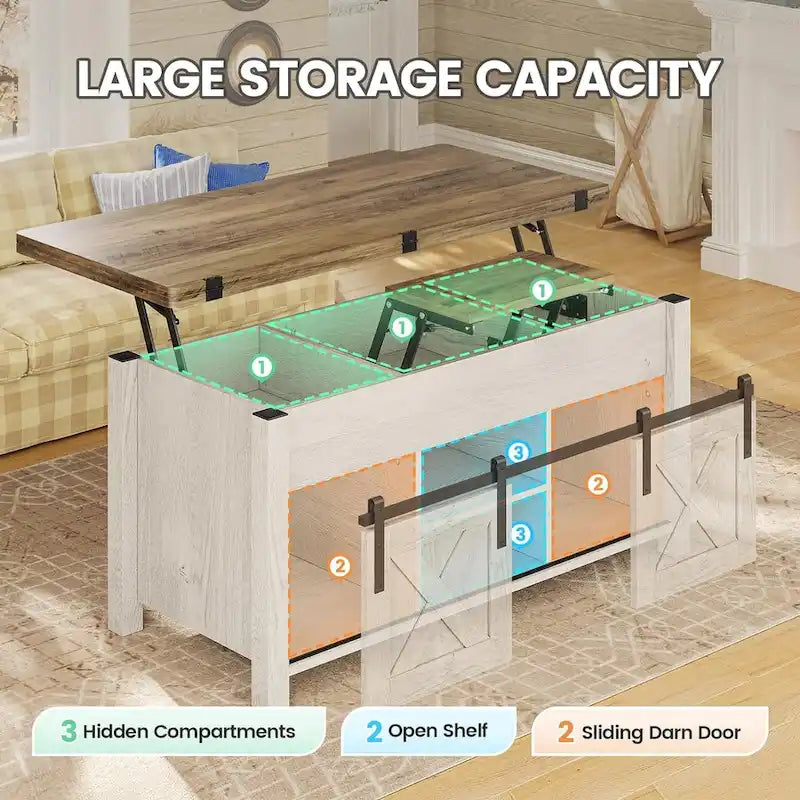 Table basse relevable 2 portes coulissantes style grange Table à manger avec rangement