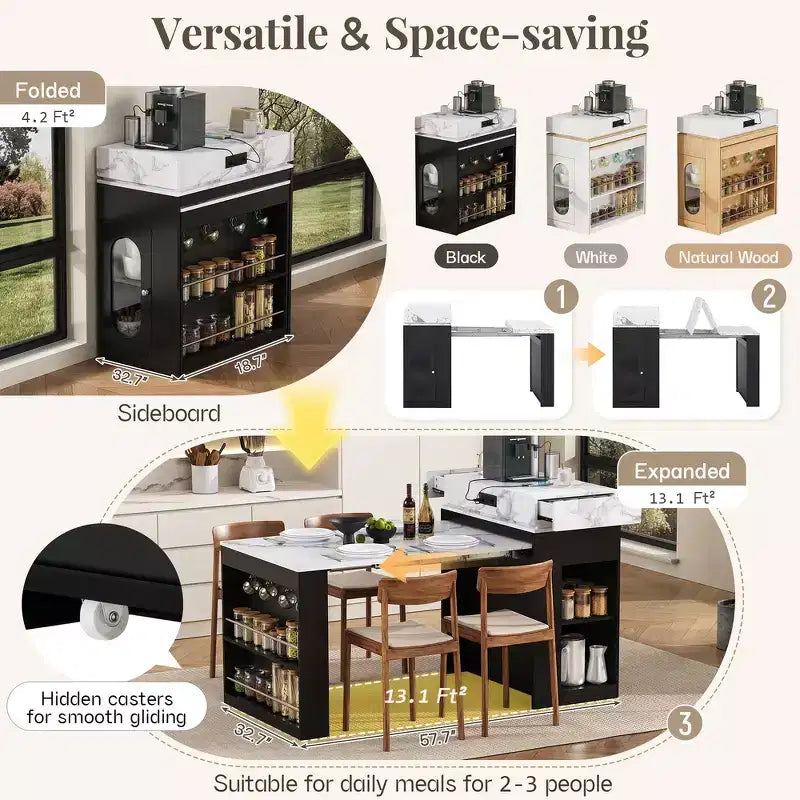 Table à manger extensible Whisen, table îlot mobile roulante avec 3 rallonges amovibles, meuble de rangement