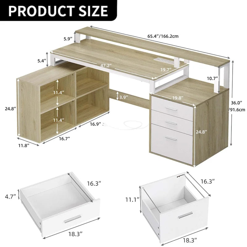 Bureau d'angle en L de 65 po avec DEL RVB, support pour moniteur et armoire de rangement – 1 personne | Blanc / Chêne / Gris anthracite / Noir