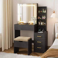 Coiffeuse moderne DobleePy avec miroir coulissant et lumières LED, 4 tiroirs, 7 étagères, station de recharge et tabouret, table de maquillage pour chambre à coucher