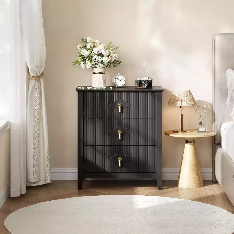 2 tables de chevet cannelées en bois, commode à 3 tiroirs de 69,85 cm de large, tables de nuit modernes, commode de chambre à coucher, salon